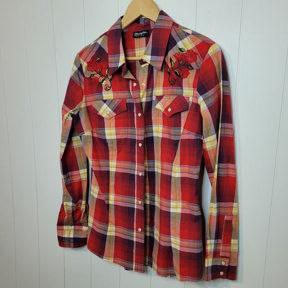 Wrangler Retro Women Size S Pearl Snap Western Shirt Cowgirl Rodeo Plaid Roses - Picture 2 of 9